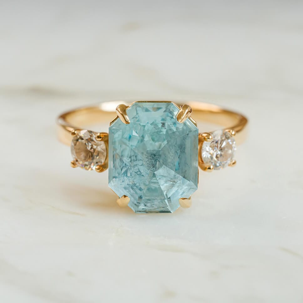 Emerald Cut Aquamarine Diamond Ring With Aquamarine Accents